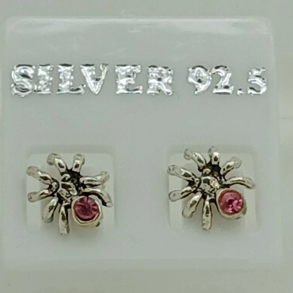 925 Sterling Silver Pink Rhinestone Spider Stud Earrings Arachnid Jewelry
